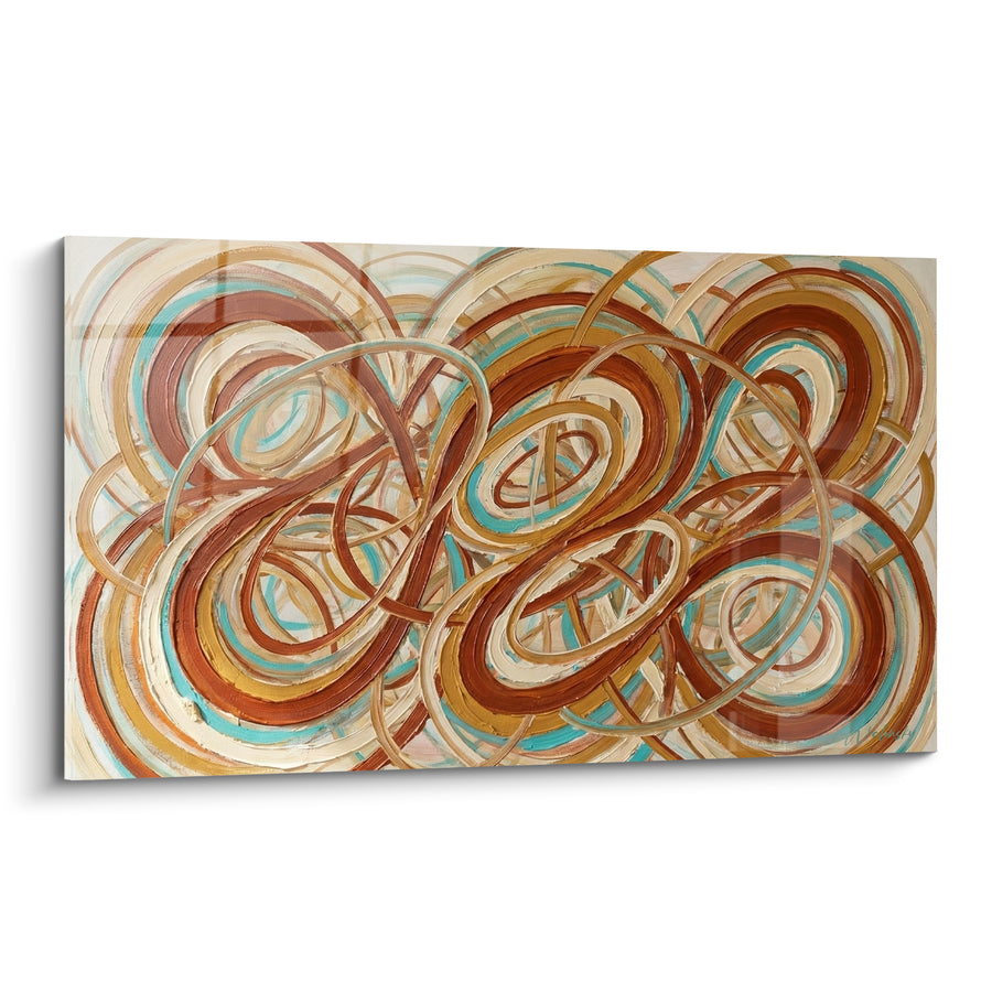 Tableau Spirales entrelacées terracotta et turquoise - Tourbillon suspendu - Edition style peinture