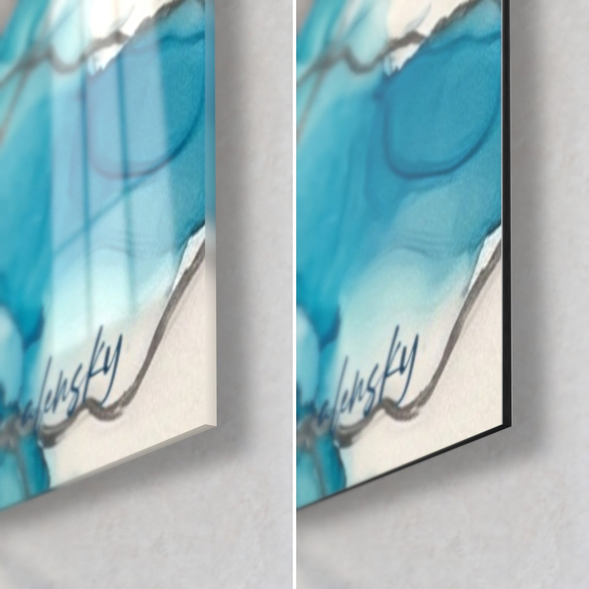 Schilderij met bevroren wit schuim op turquoise, rechter onderhoek: glanzend glas links, mat Dibond rechts, 3 mm rand zichtbaar
