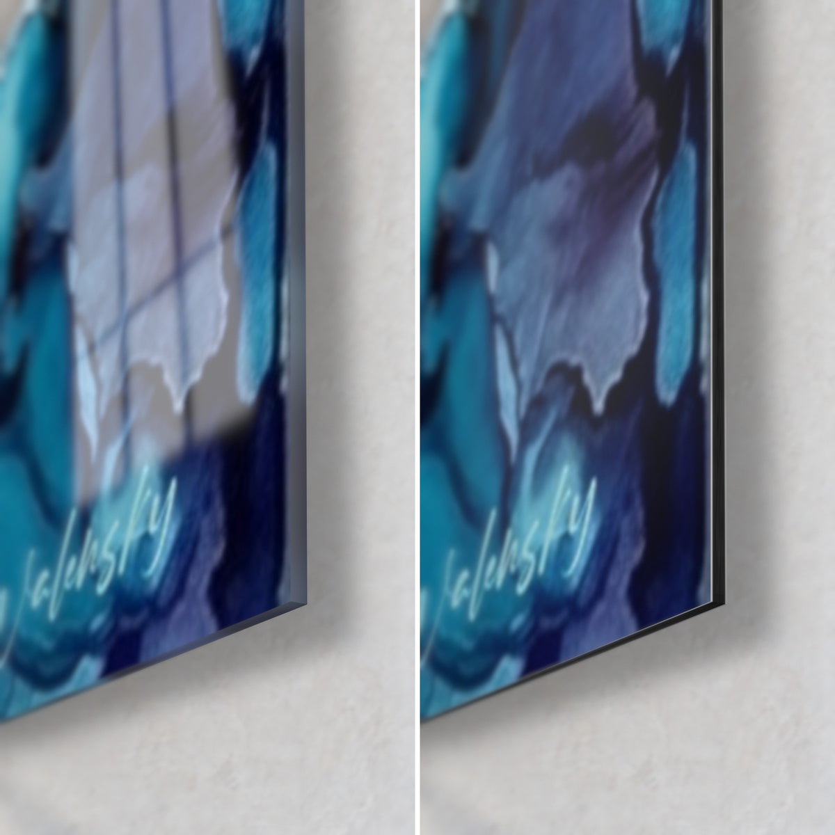 Wall art of an abstract deep blue and turquoise ocean, bottom right corner: glossy glass on the left, matte Dibond on the right, 3 mm edge