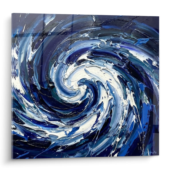 Tableau Tourbillon bleu marine et blanc en spirale - Tempête en mouvement - Edition style peinture