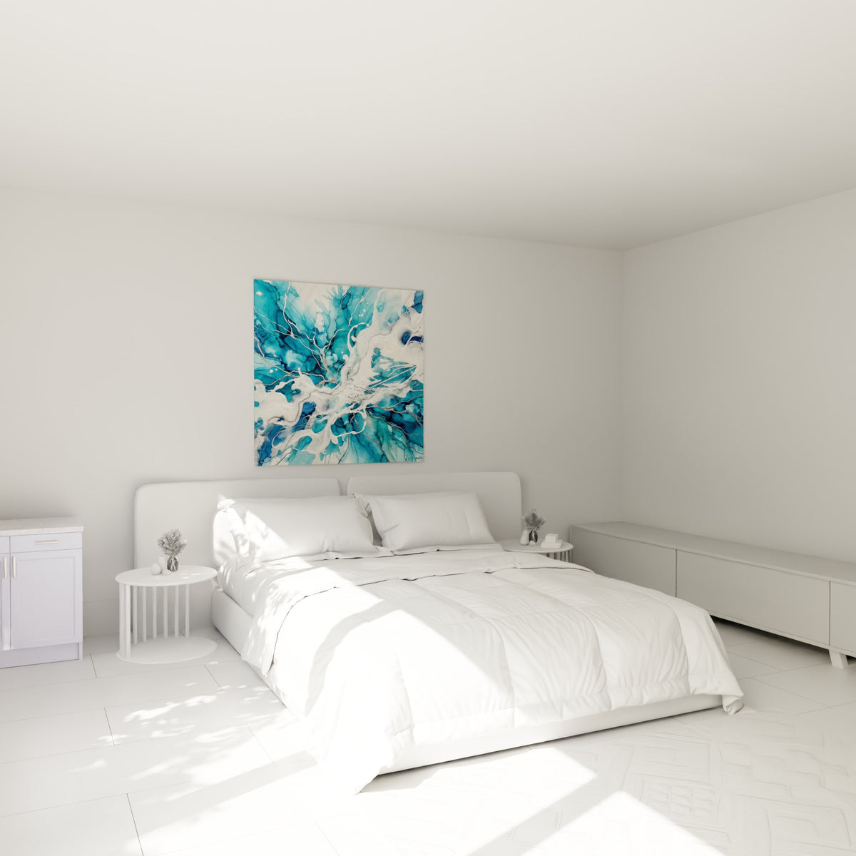 Formes fluides bleu marine et blanc écume, tableau style peinture au-dessus d'un lit dans une chambre claire
