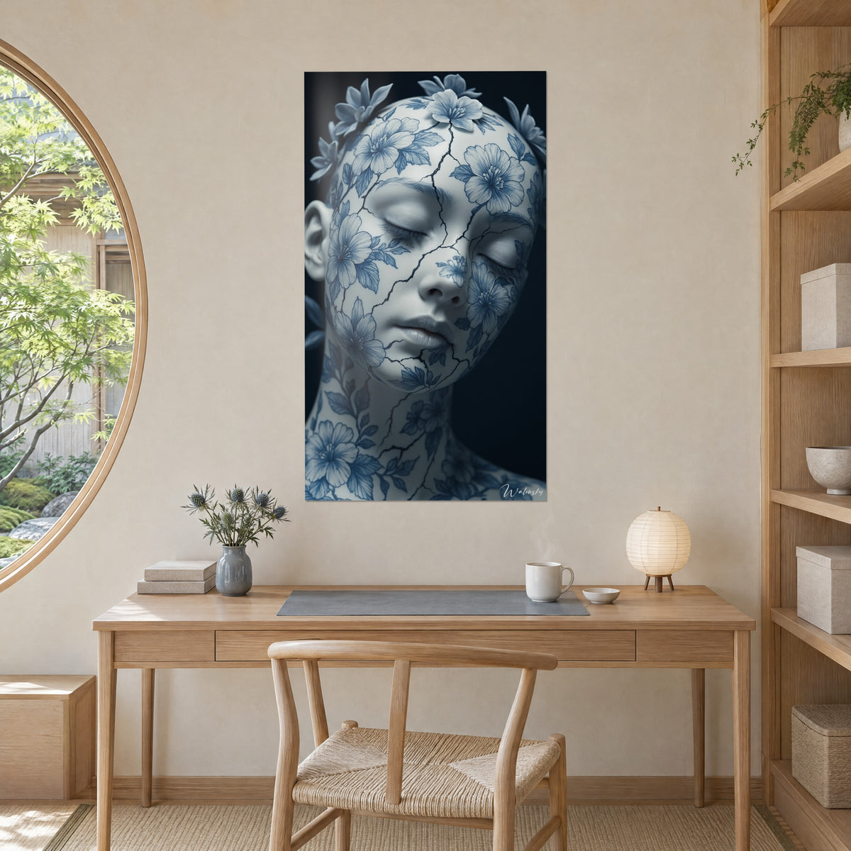 Schilderij vrouwelijk beeld met koningsblauwe bloemmotieven op gebroken wit, donkere scheuren, opgehangen naast een licht houten bureau
