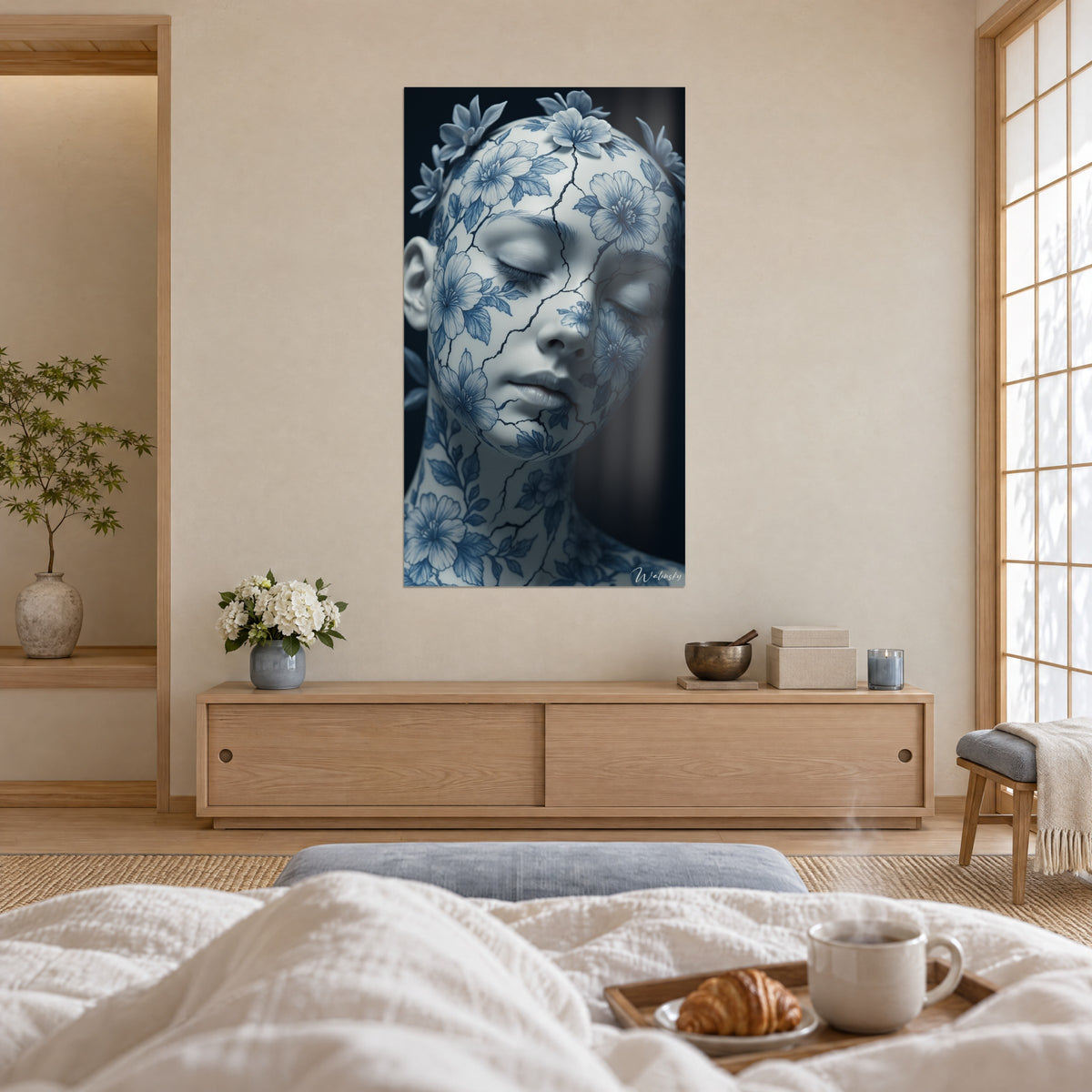 Schilderij gebarsten keramisch masker met denimblauwe bloemen, parelmoerachtige teint, marineblauwe achtergrond, boven een bed in een lichte slaapkamer