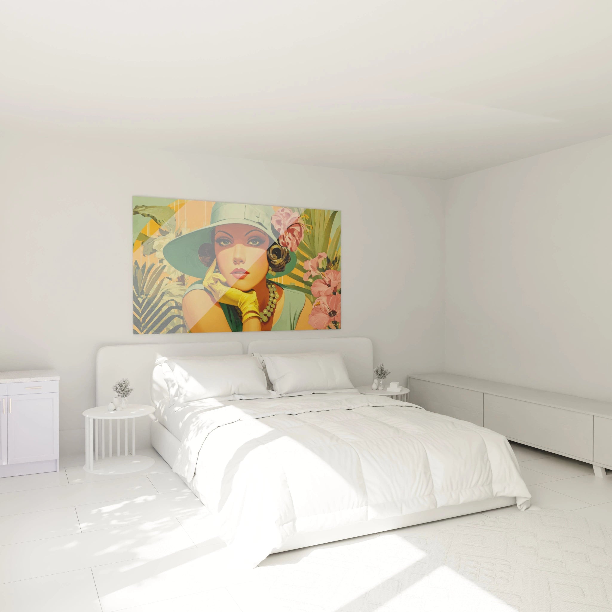 Tableau mural rétro luxe de Walensky avec une femme élégante et des fleurs dans une chambre moderne