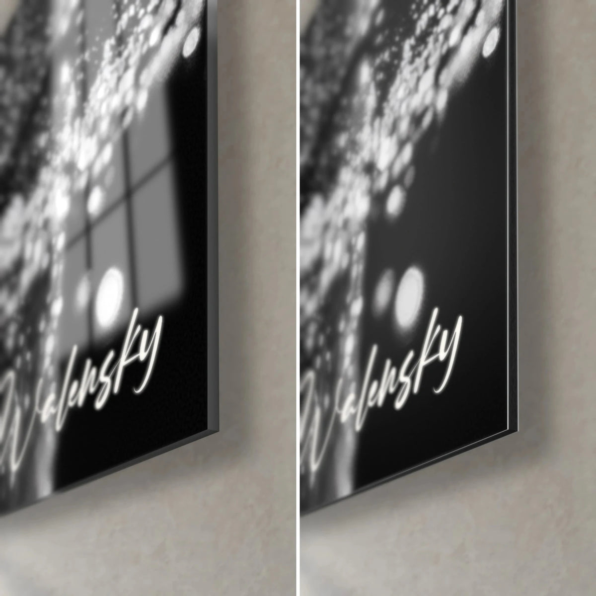 Schilderij glinsterende suikerblokjes, rechtsonder: glanzend acrylglas met zwarte en witte reflecties, mat Dibond, rand van 3 mm