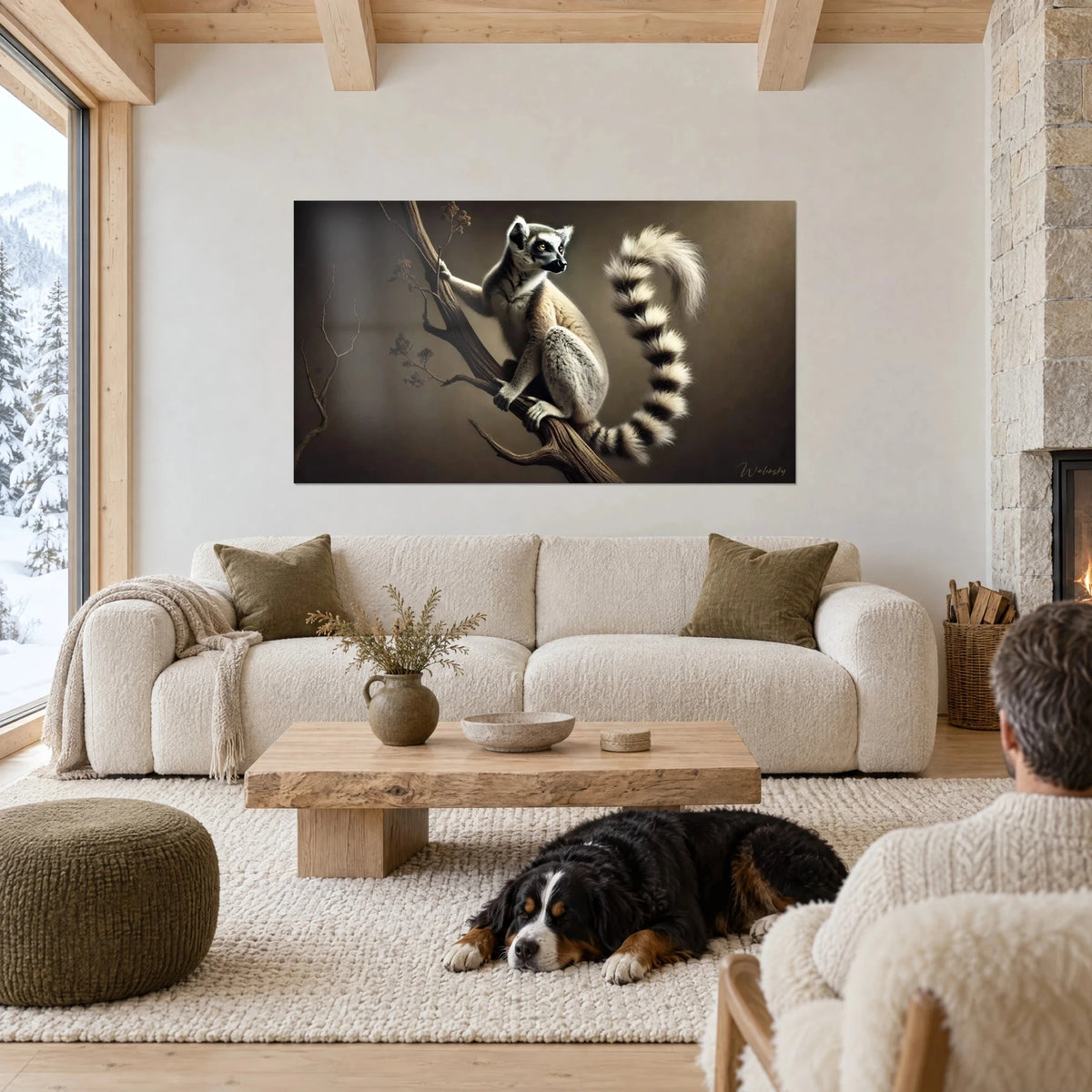 Gemälde Katta-Lemur auf einem braunen Ast sitzend, graues Fell und schwarz-weiß geringelter Schwanz, über einem Sofa in einem hellen Wohnzimmer