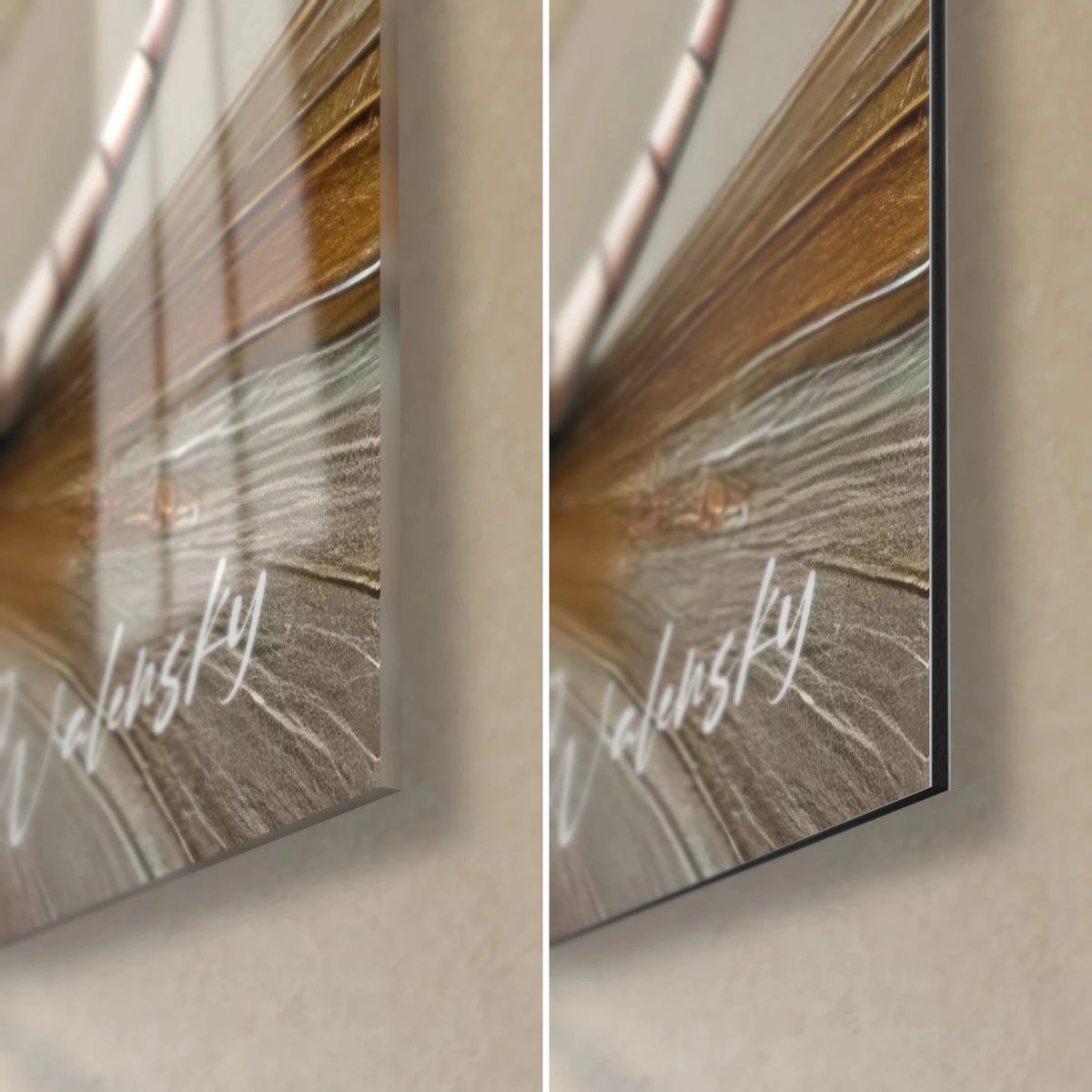 Wall art of an armadillo with ivory scales, bottom right corner: glossy acrylic glass on the left, matte Dibond aluminum on the right, 3 mm edge