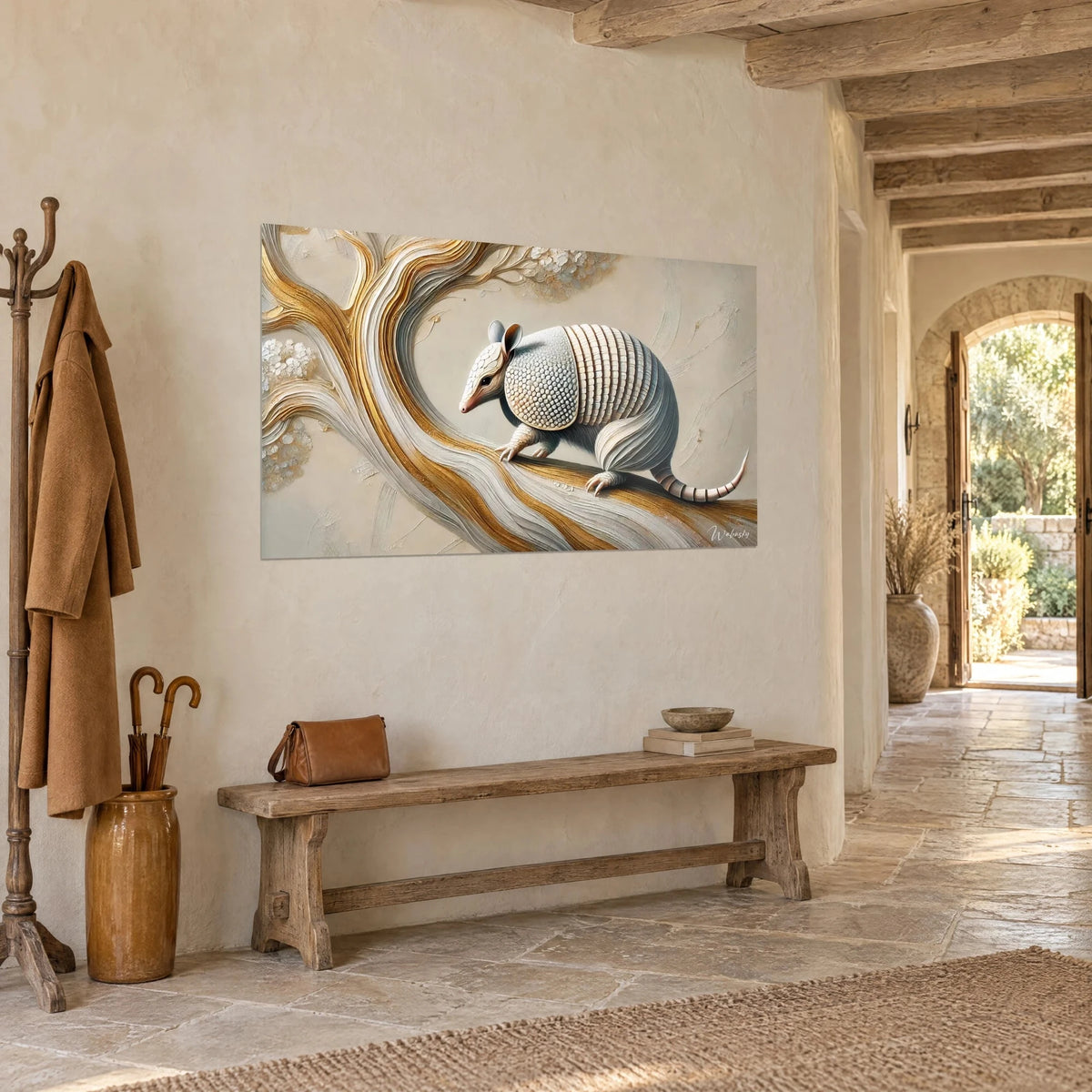 Wall art of an armored animal with white bands, golden trunk with cream relief, stone wall and wooden bench, three-quarter view