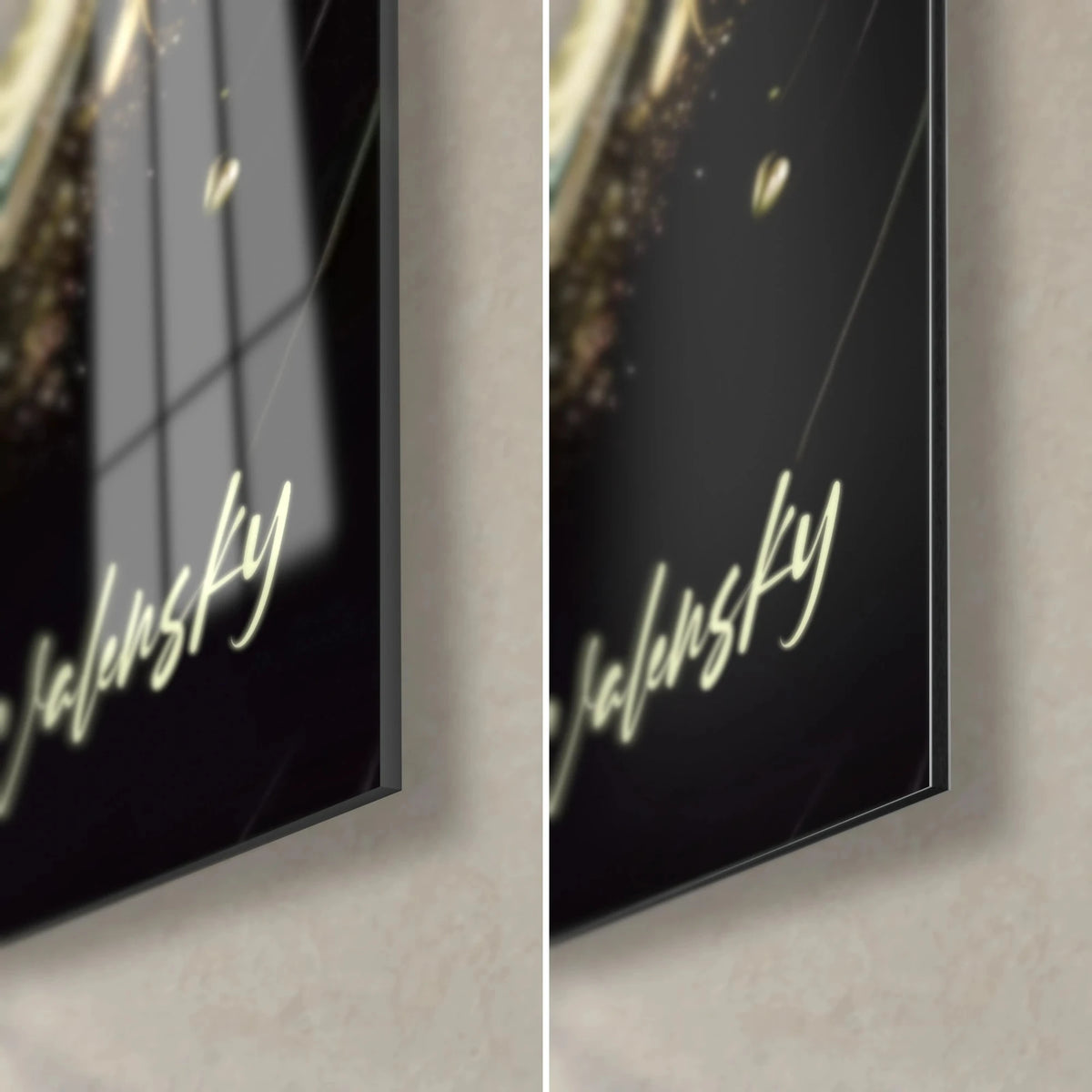 Schilderij groene en gouden kameleon, rechterbenedenhoek van glanzend acrylglas en mat Dibond-aluminium, zichtbare rand van 3 mm