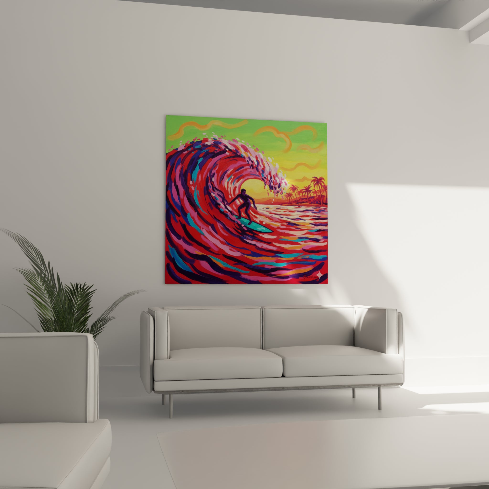 Surfeur turquoise et vague écumante en rose et pourpre, tableau Surf placé au-dessus d'un canapé dans un salon lumineux