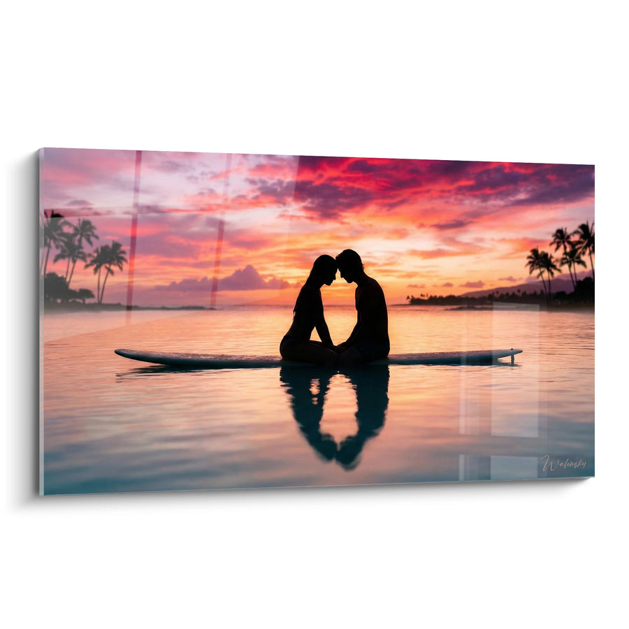Tableau Couple silhouette planche rose orangé - Étreinte au crépuscule - Edition Surf