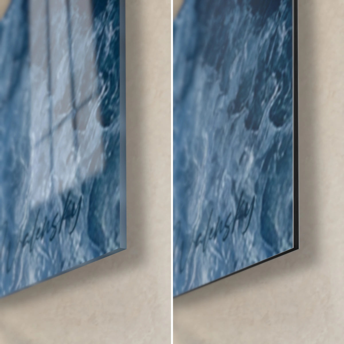 Gemälde Surfer aus der Vogelperspektive, untere rechte Ecke: glänzendes Acrylglas links, mattes Dibond rechts, 3 mm Kante