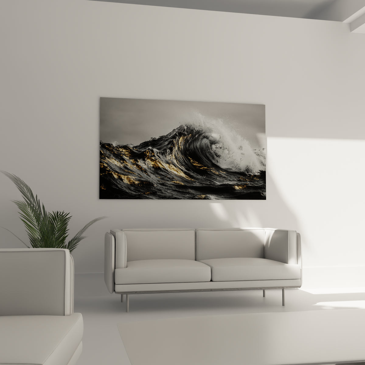 Crête d'écume blanche surplombant une eau noire scintillante d'or, au-dessus d'un canapé dans un salon lumineux