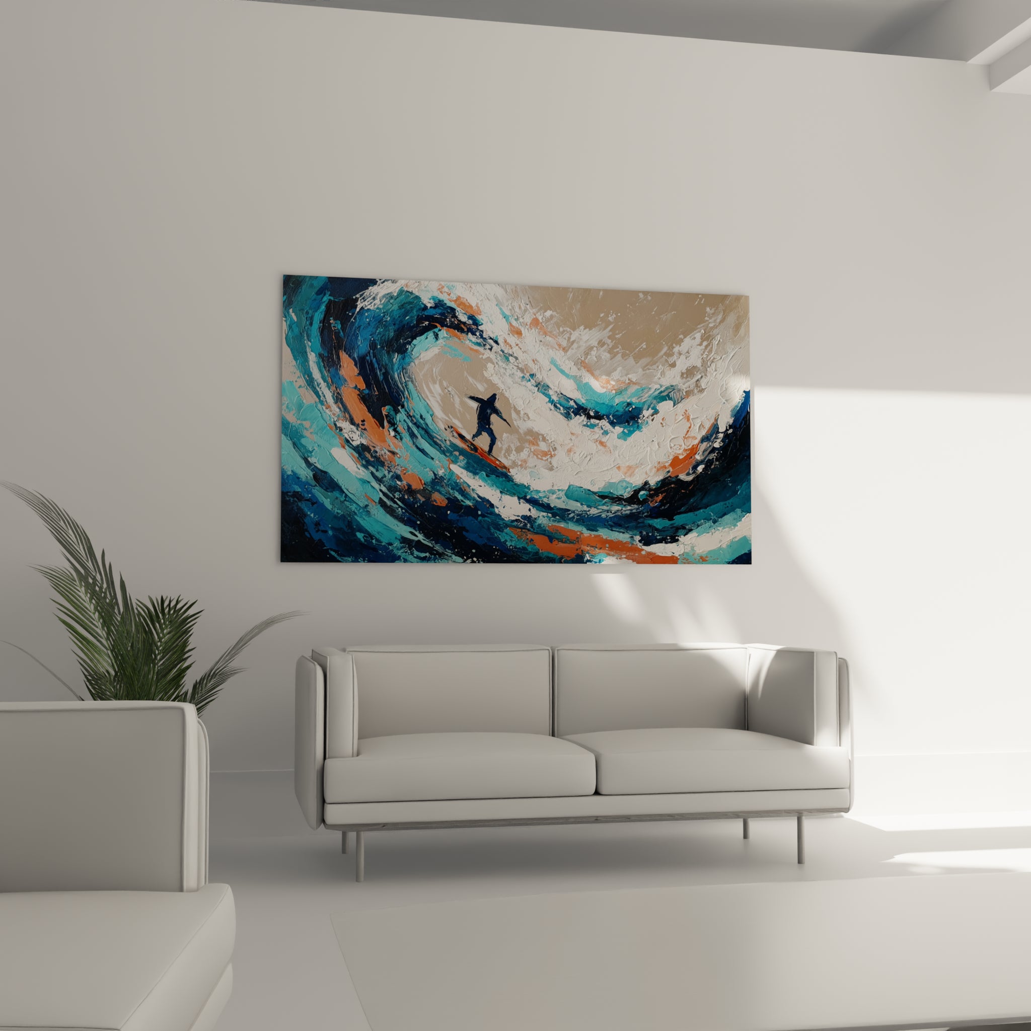 Surfeur bleu foncé pris dans l'écume blanche et turquoise, au-dessus d'un canapé dans un salon lumineux
