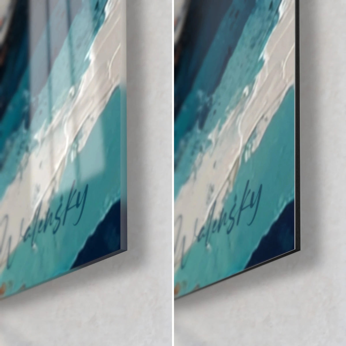 Gemälde Surfer als Silhouette in Nachtblau, untere rechte Ecke: glänzendes Acrylglas links, mattes weißes und türkisfarbenes Dibond rechts, 3 mm Kante