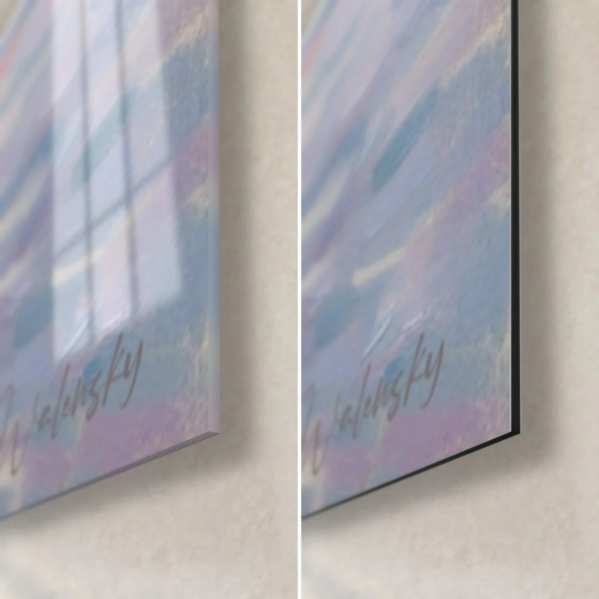 Gemälde Surfer stehend auf seinem Brett, untere rechte Ecke: glänzendes Acrylglas links, mattes Dibond rechts, 3 mm Kante