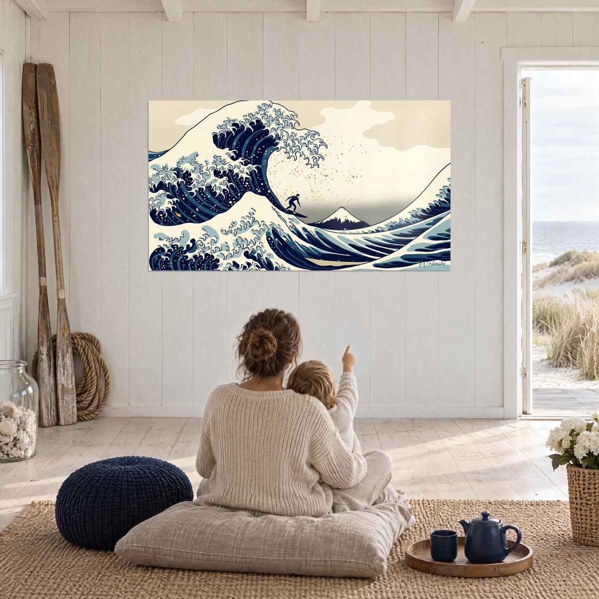 Cuadro Monte Fuji nevado tras una inmensa marejada en azul medianoche y marfil, una madre y su hijo de espaldas sentados en un cojín, casa junto al mar