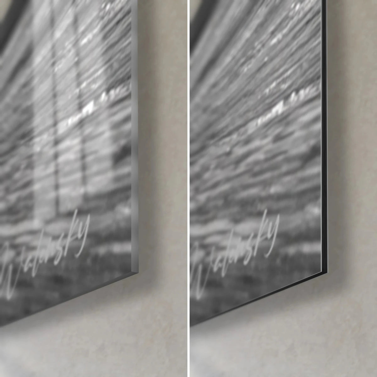 Gemälde Surfersilhouette in der Welle, untere rechte Ecke: glänzendes Acrylglas links, mattschwarzes Dibond und feine Kante rechts