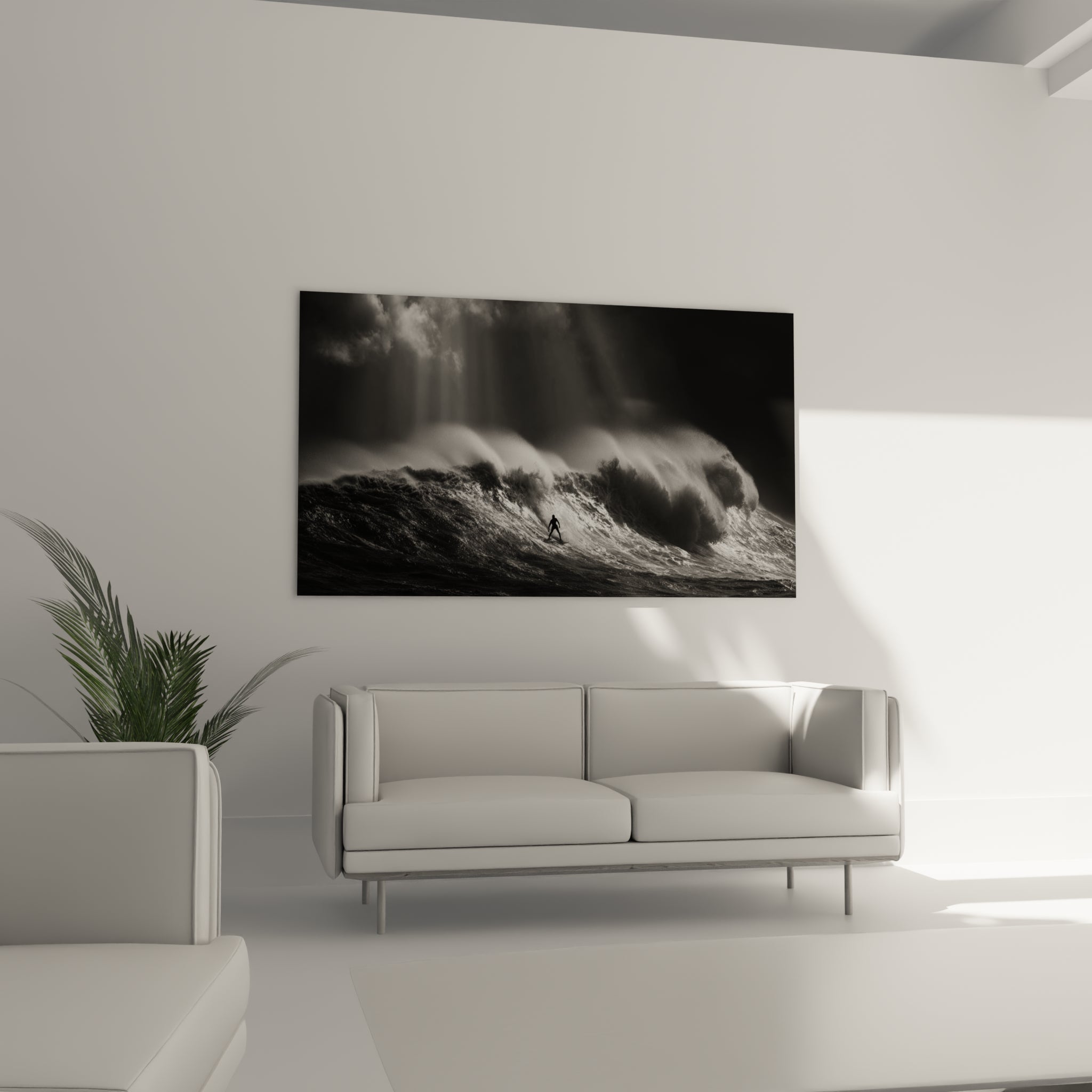 Silhouette d'un surfeur face à une vague anthracite et blanche, au-dessus d'un canapé dans un salon lumineux