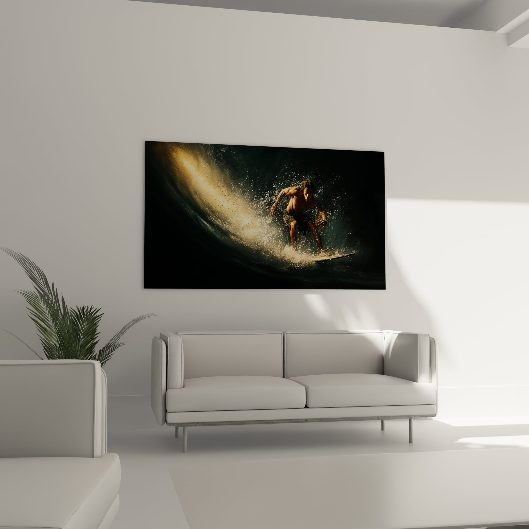 Surfeur musclé fendant une vague noire striée de lumière ambrée, au-dessus d'un canapé dans un salon lumineux.