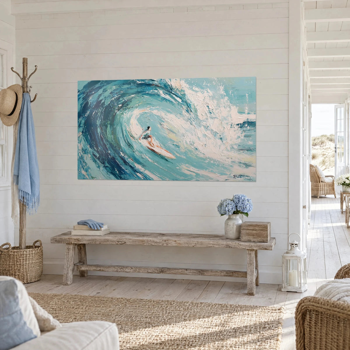 Wall art crystal-clear water roll framed by ivory spray and deep blue, angled view, light wood bench, beach house
