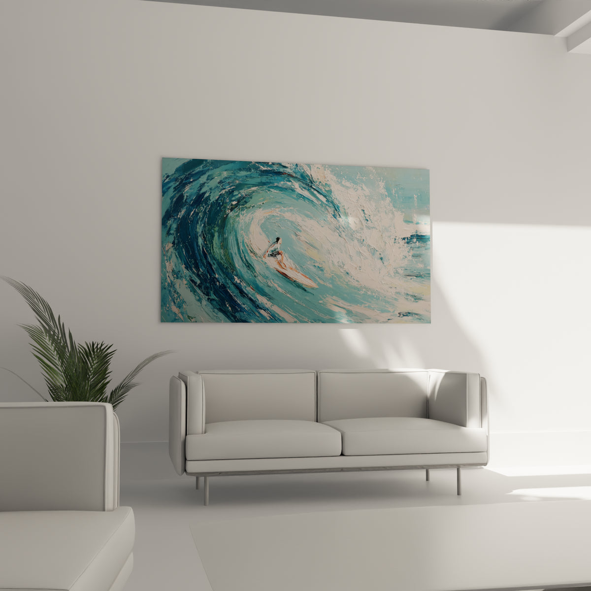 Silhouette du surfeur sur planche orange dans un rouleau turquoise, au-dessus d'un canapé dans un salon lumineux
