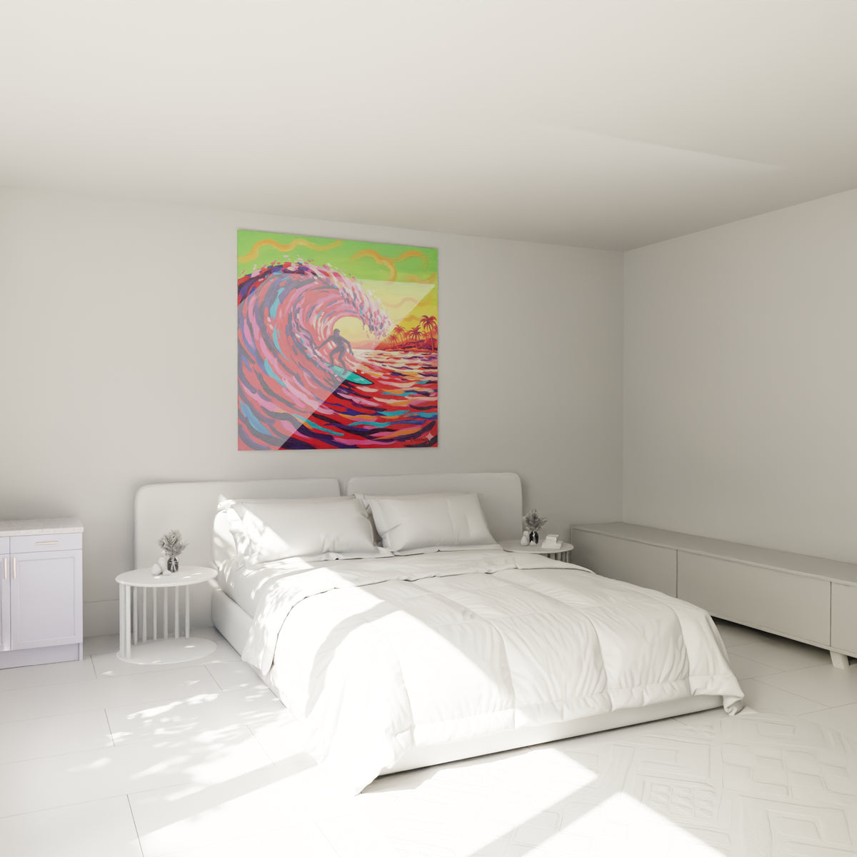 Vague rouge et rose enveloppant un surfeur, tableau Surf accroché au-dessus d'un lit dans une chambre claire