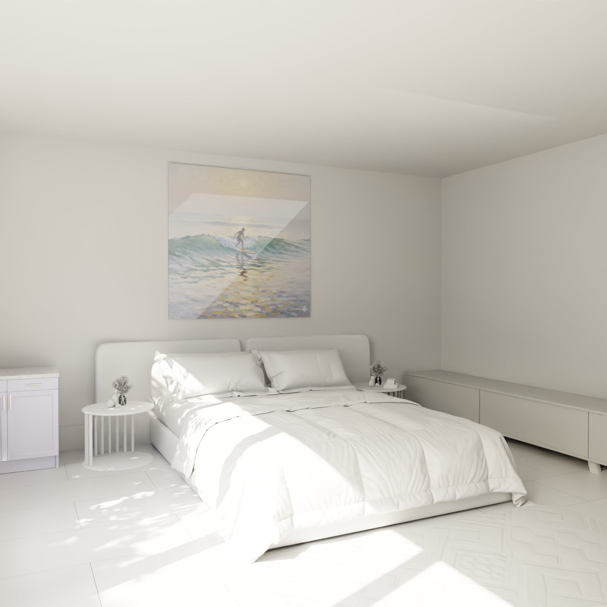 Surfeur solitaire sur vague émeraude et reflets dorés, accroché au-dessus d'un lit dans une chambre claire