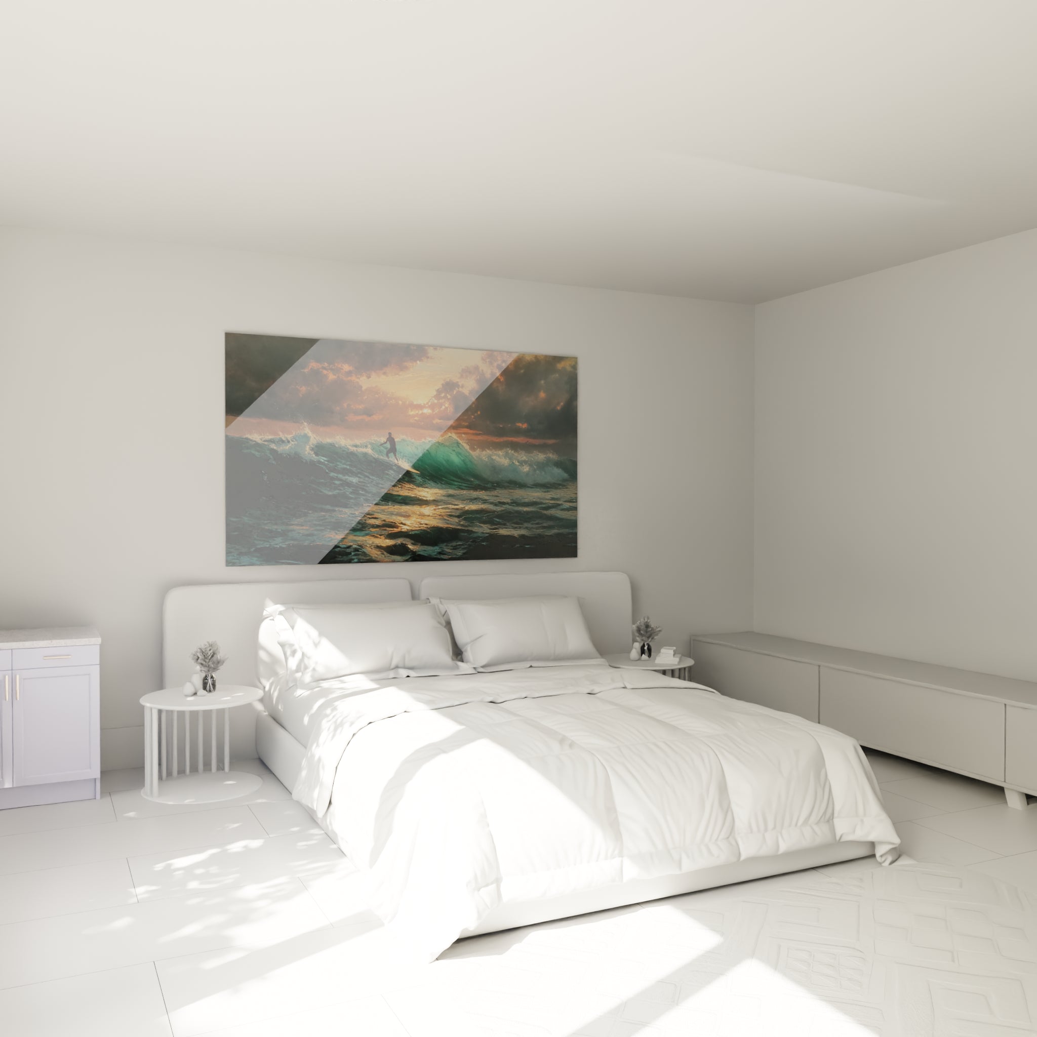 Vague émeraude et surfeur en action au-dessus d'un lit dans une chambre claire