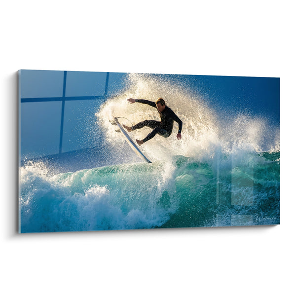 Tableau Surfeur combinaison noire vague turquoise - Envol sur l'écume - Edition Surf