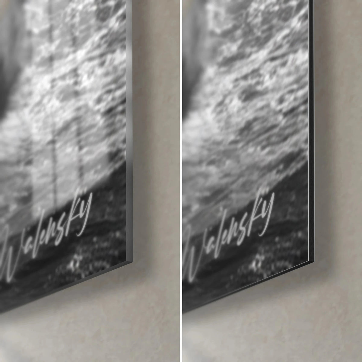 Wall art of a surfer riding his wave, bottom right corner in glossy acrylic glass and matte black Dibond aluminium, 3 mm edge and white signature
