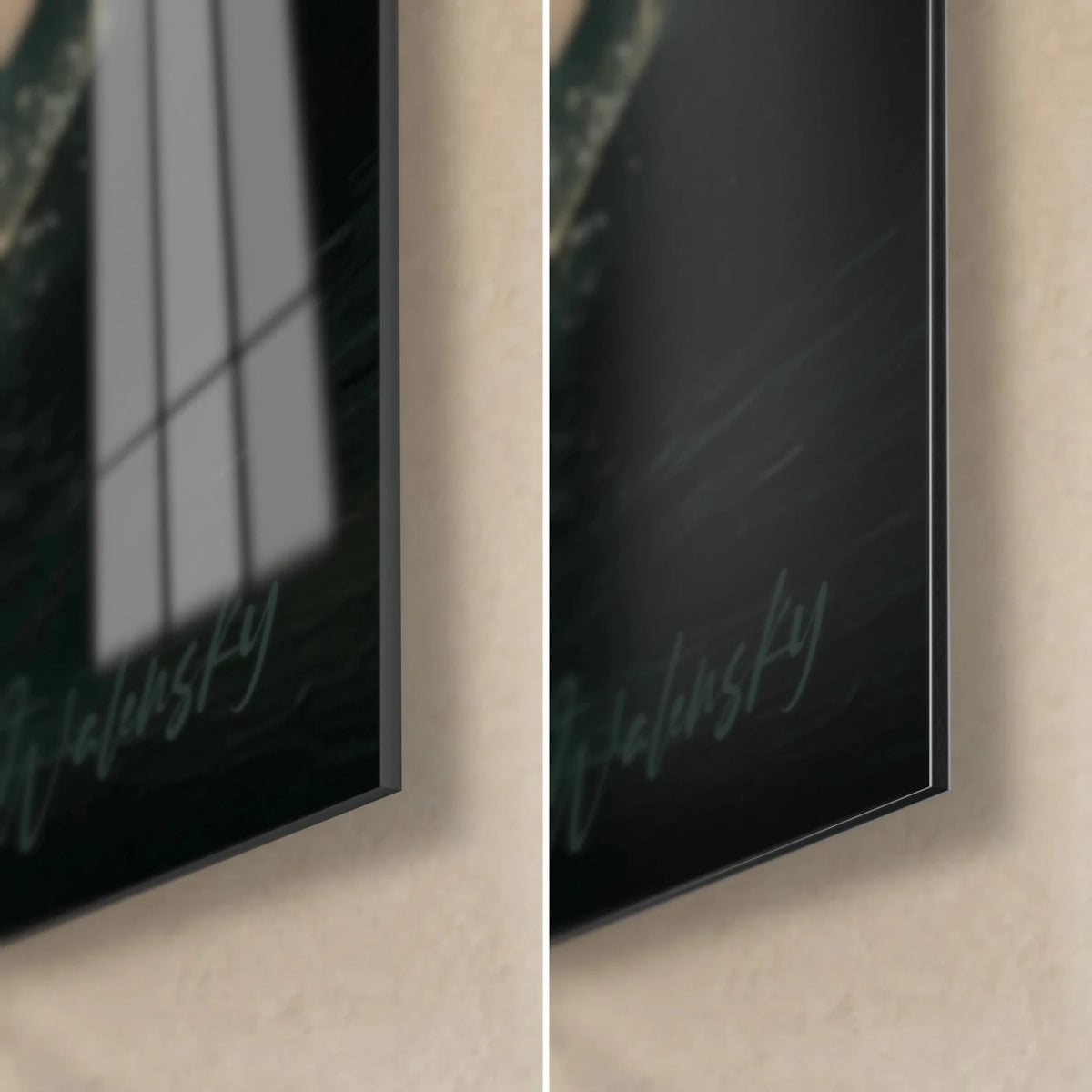 Gemälde eines goldenen Surfers, untere rechte Ecke: glänzendes Acrylglas mit Spiegelung eines Fensters, mattes schwarzes Dibond, 3 mm Kante und Walensky-Signatur