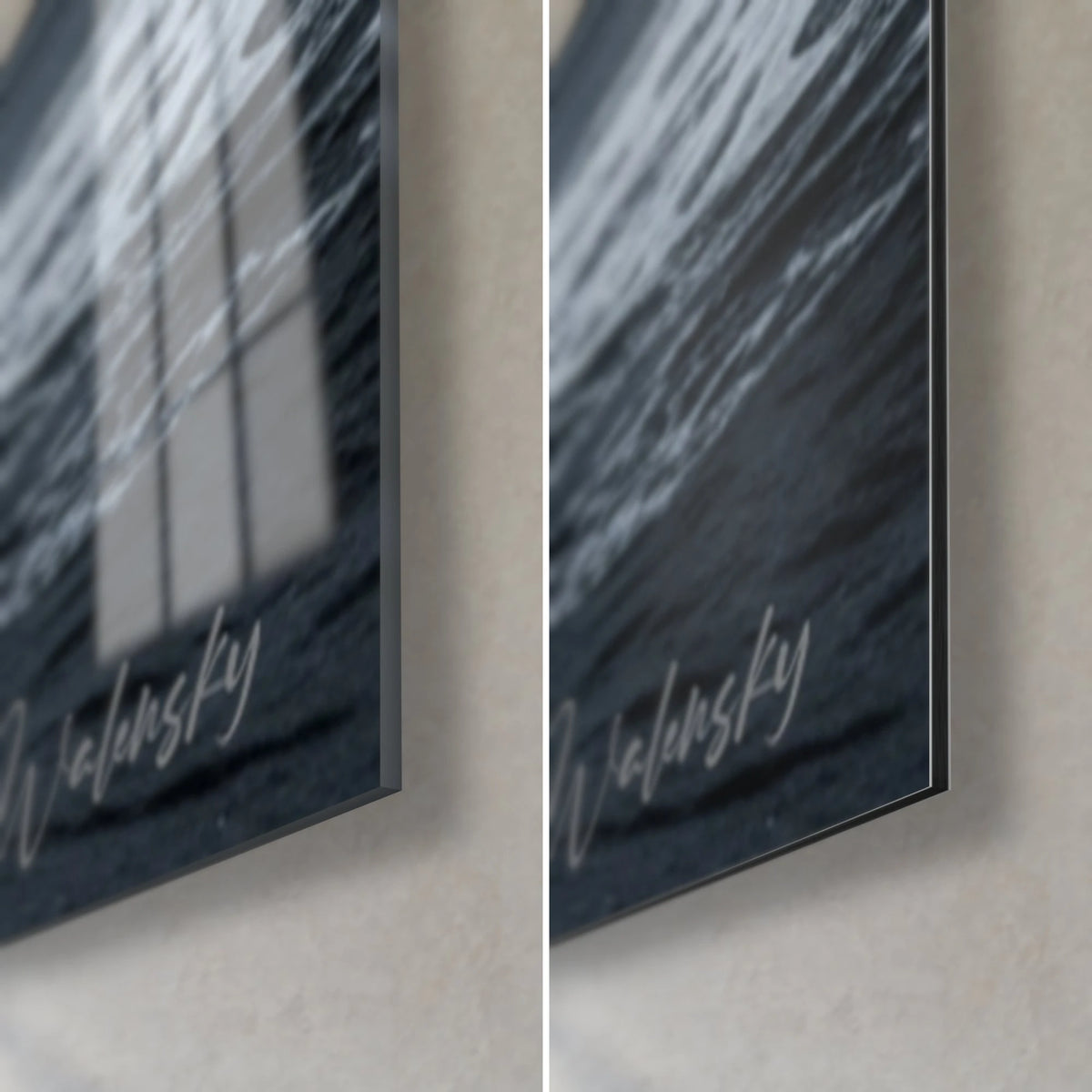 Gemälde Surfer auf seiner Welle, untere rechte Ecke: glänzendes Acrylglas mit Fensterreflexen, mattschwarzes Alu-Dibond, 3 mm Kante