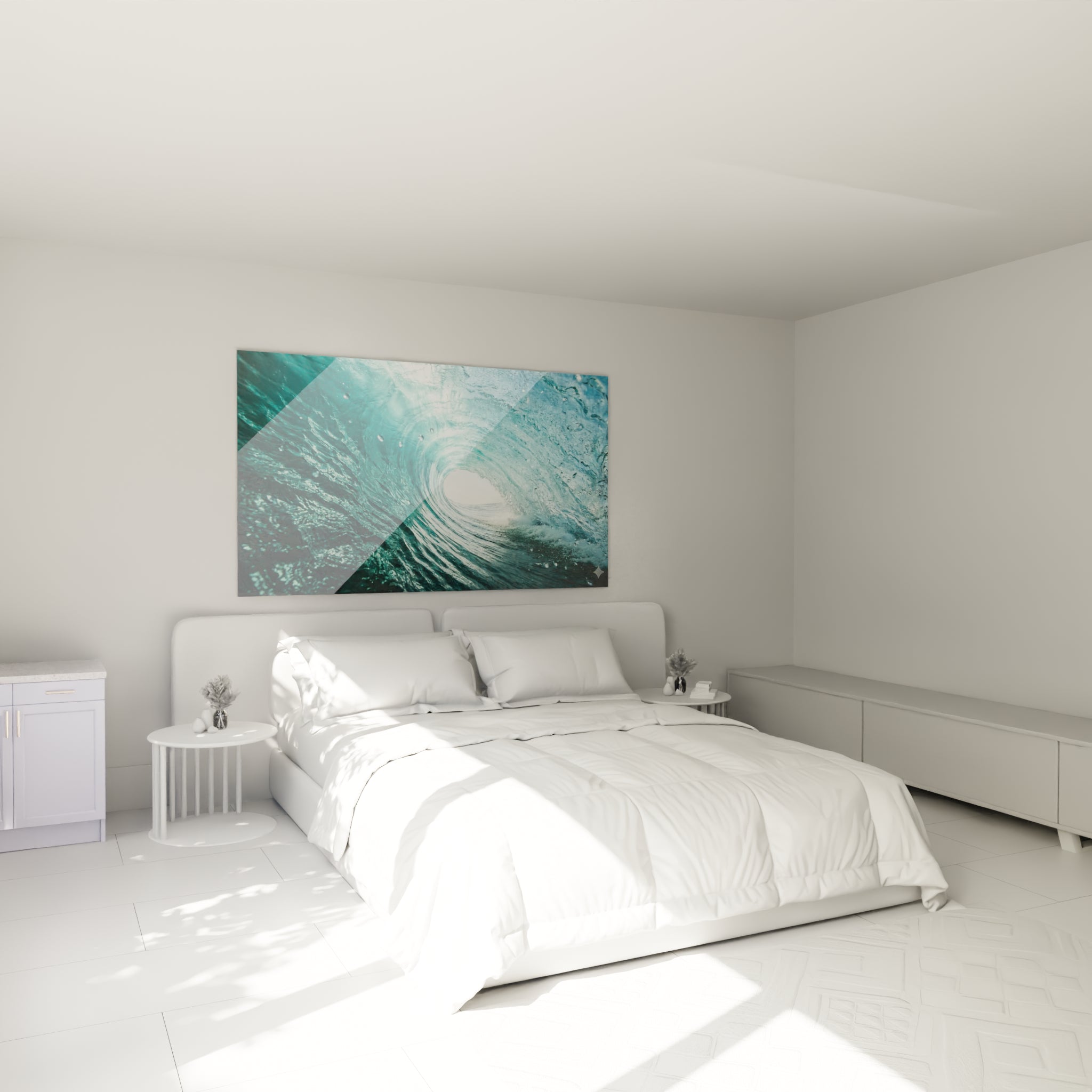 Tube d'eau bleu profond et turquoise capturé en mouvement, tableau Surf au-dessus d'un lit dans une chambre claire