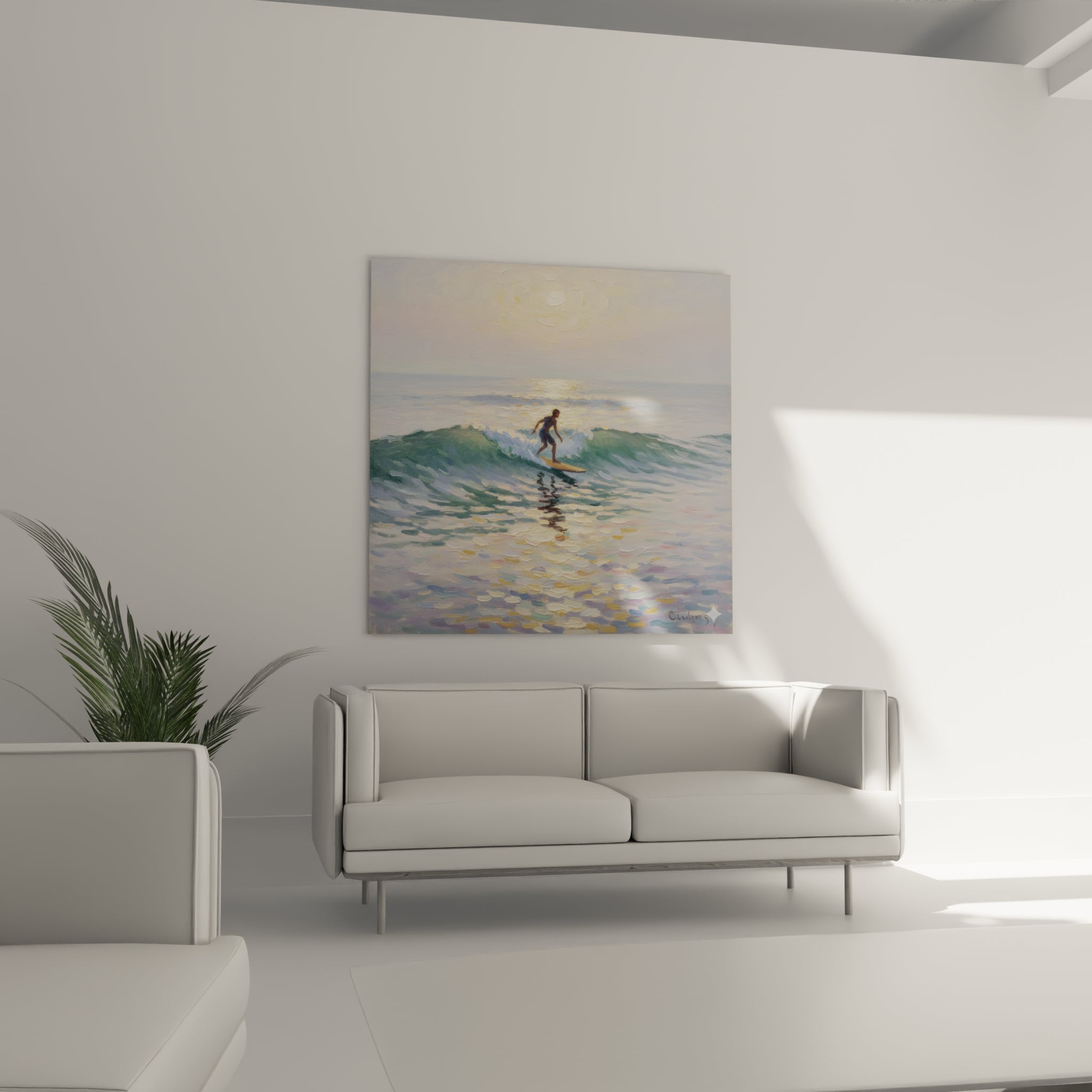 Surfeur en équilibre sur une vague turquoise scintillante, suspendu au-dessus d'un canapé dans un salon lumineux