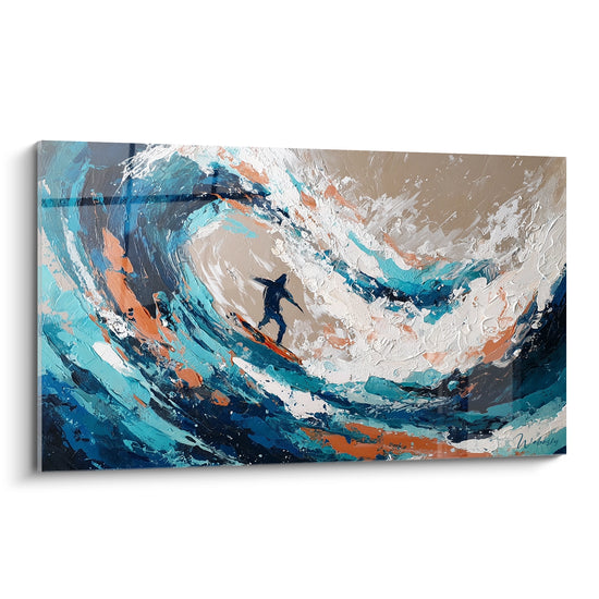 Tableau Surfeur silhouette dans vague turquoise et orange - Élan vers le large - Edition Surf