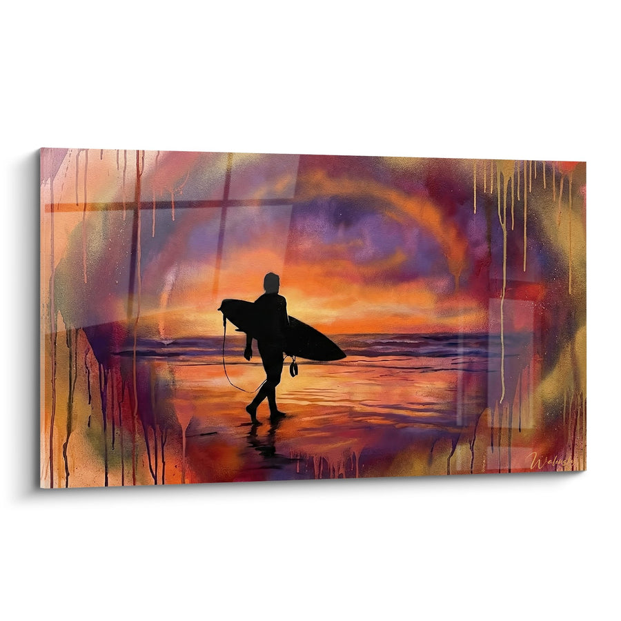 Tableau Surfeur Silhouette Coucher de Soleil Orange et Violet - Évasion Tropicale - Edition Bali