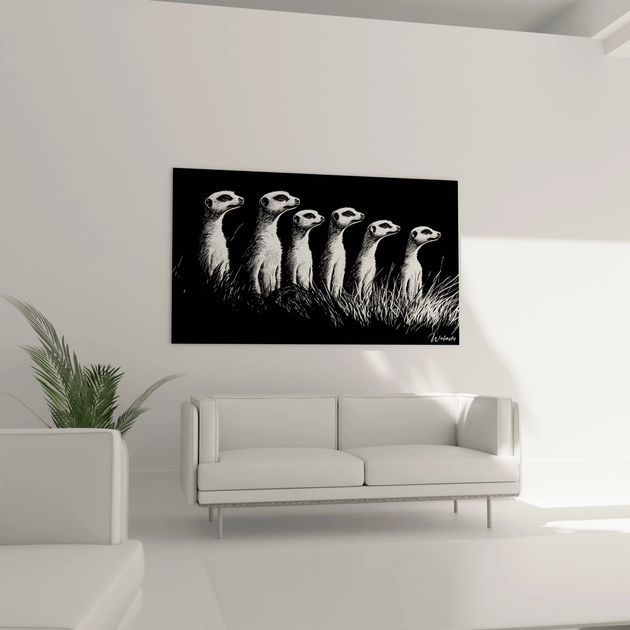 Un tableau artistique de suricates en noir et blanc présentant un groupe en formation de surveillance. Les contrastes saisissants entre le fond noir et leur pelage blanc ventral soulignent leurs silhouettes distinctives et les détails fins de leurs traits.
