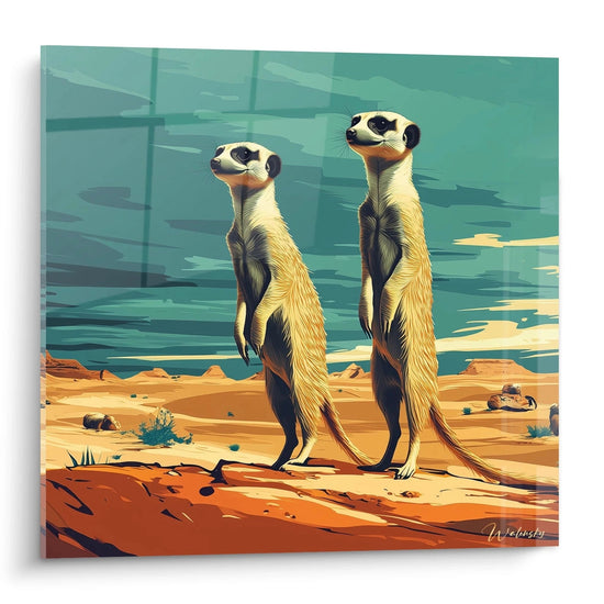 Quadro suricate Walensky che rappresenta due suricati in piedi in un paesaggio desertico colorato