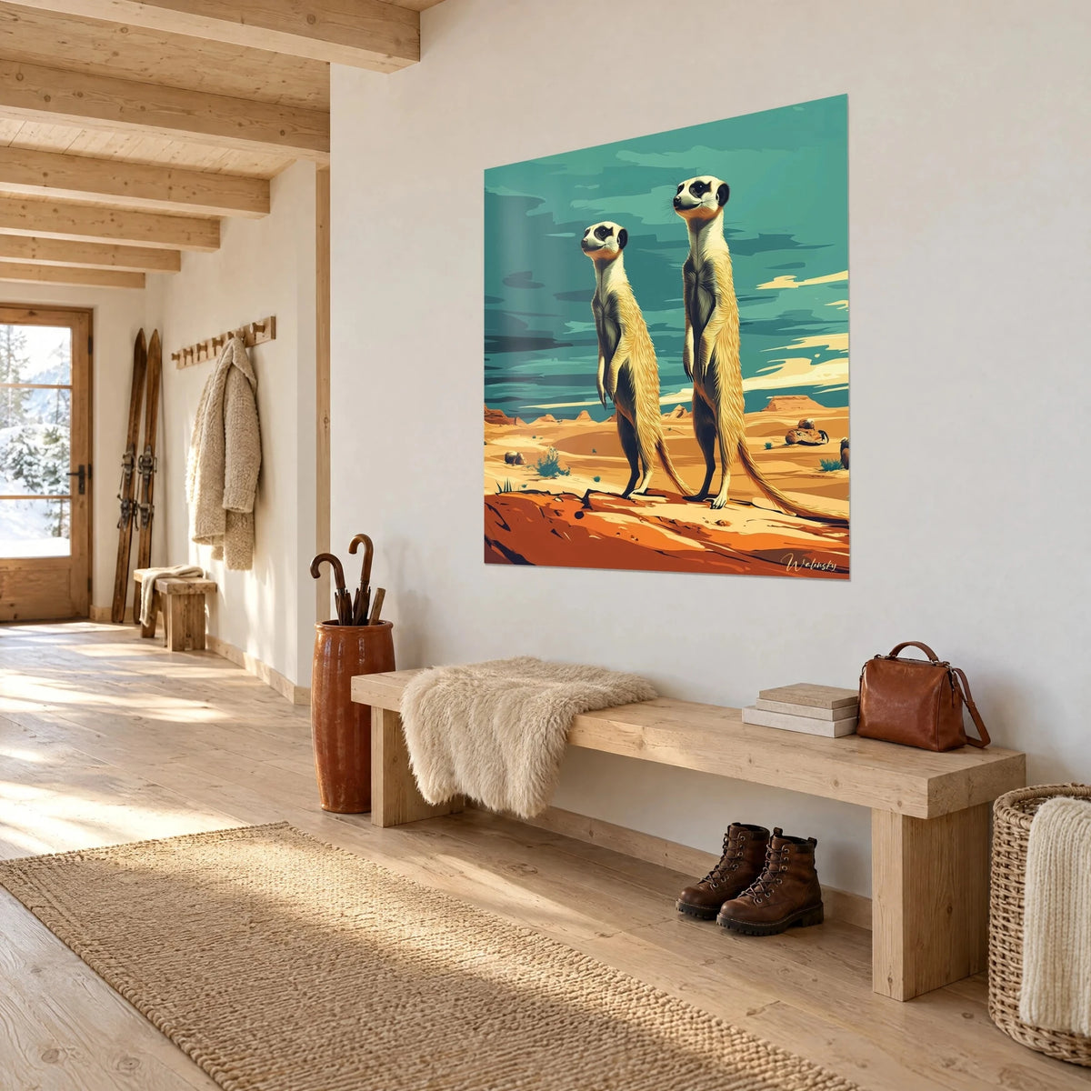 Tableau duo de mangoustes en sentinelle, fourrure crème et masque noir, dune ocre, vu de trois-quarts dans un couloir de chalet