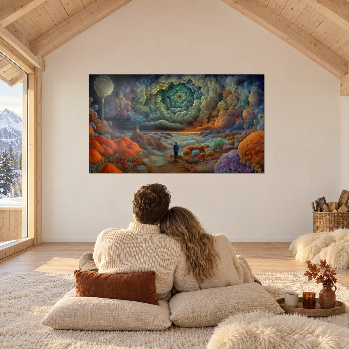 Tableau voûte nuageuse rose, verte et orange sur falaises lointaines, couple de dos enlacé sur des coussins crème face au mur