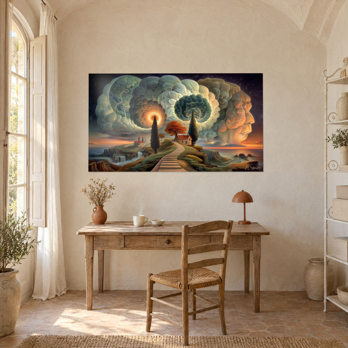 Cuadro isla onírica bajo una espiral celeste naranja y nubes verde salvia, pequeña capilla sobre un acantilado, colgado encima de un escritorio de madera