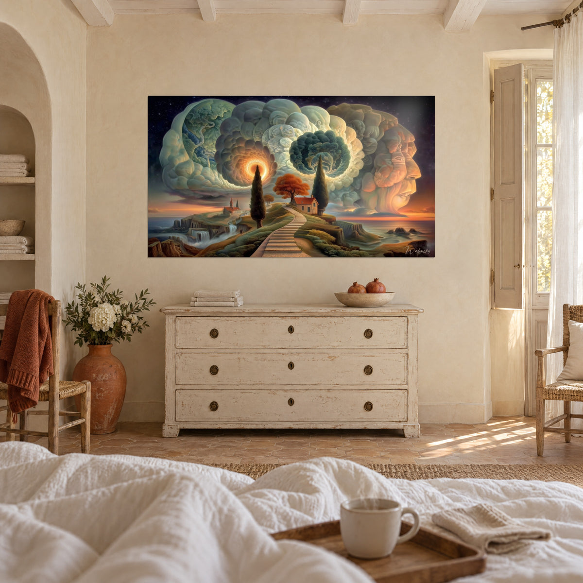 Cuadro nubes esculpidas en forma de rostro y espiral luminosa naranja, cipreses verdes y cielo crepuscular, encima de una cama en un dormitorio claro