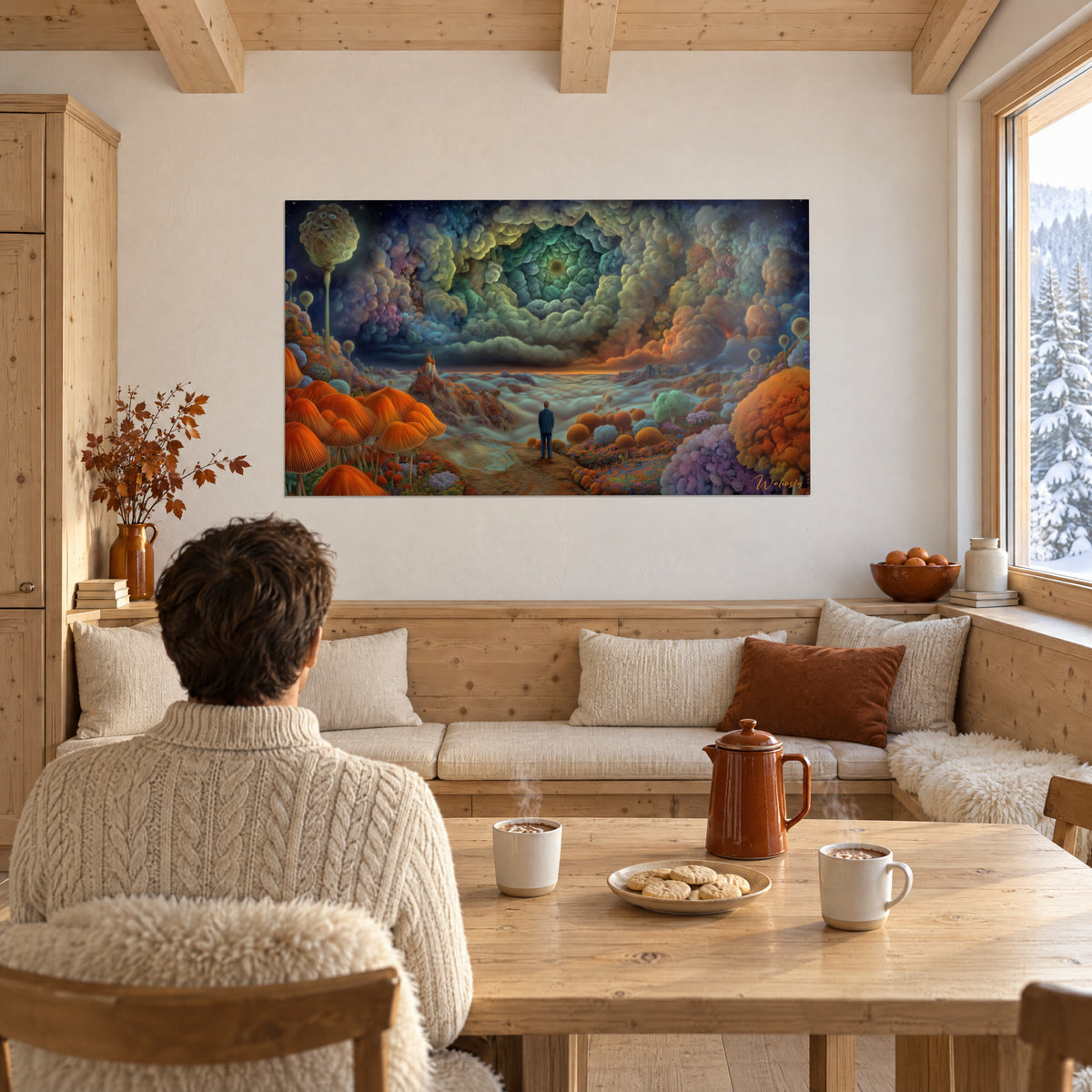 Tableau monde fantastique de champignons orange et buissons violets, vu de dos près d'une table en bois avec tasses fumantes