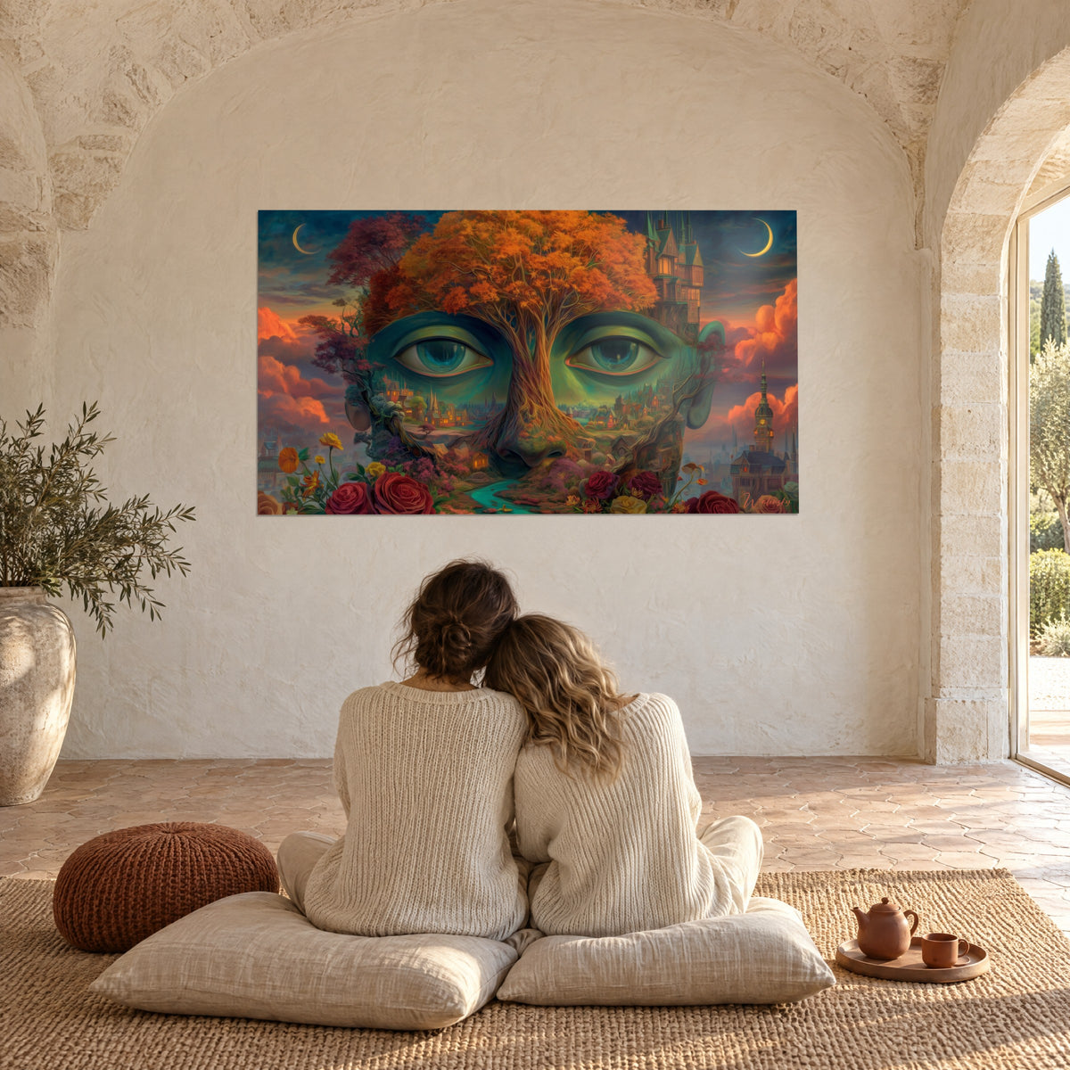 Cuadro rostro silvestre, copa otoñal cobriza, ojos verdes y cielo coral, pareja de espaldas sobre cojines beige