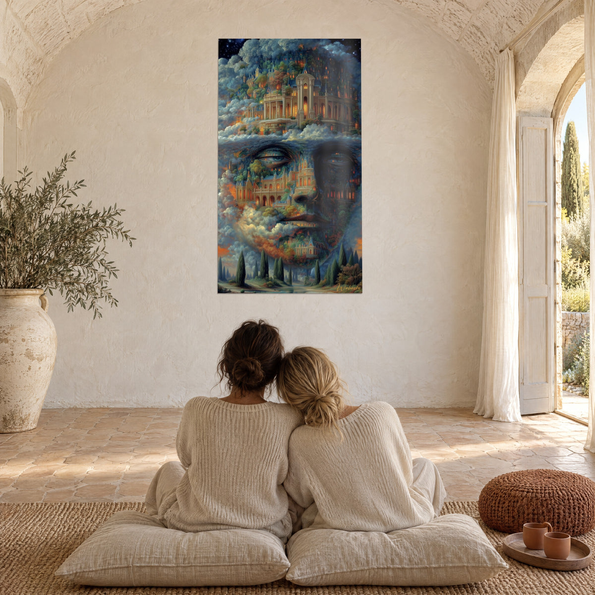 Quadro volto architettonico sospeso tra le nuvole, toni blu acciaio e ambra, due persone abbracciate su cuscini a terra