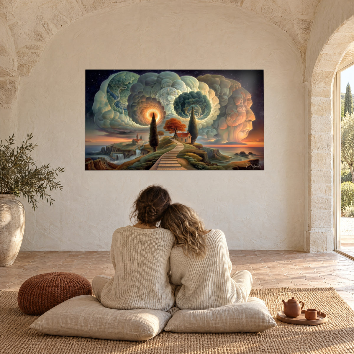 Cuadro visión fantástica de un cielo de remolinos de nubes beige y verde profundo, casa de tejas rojas, frente a una pareja sentada en una masía