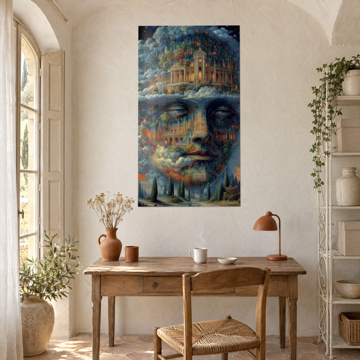 Quadro sguardo blu perso in una città di sogno, nuvole grigie e finestre ambrate, appeso sopra una scrivania in legno chiaro nel mas