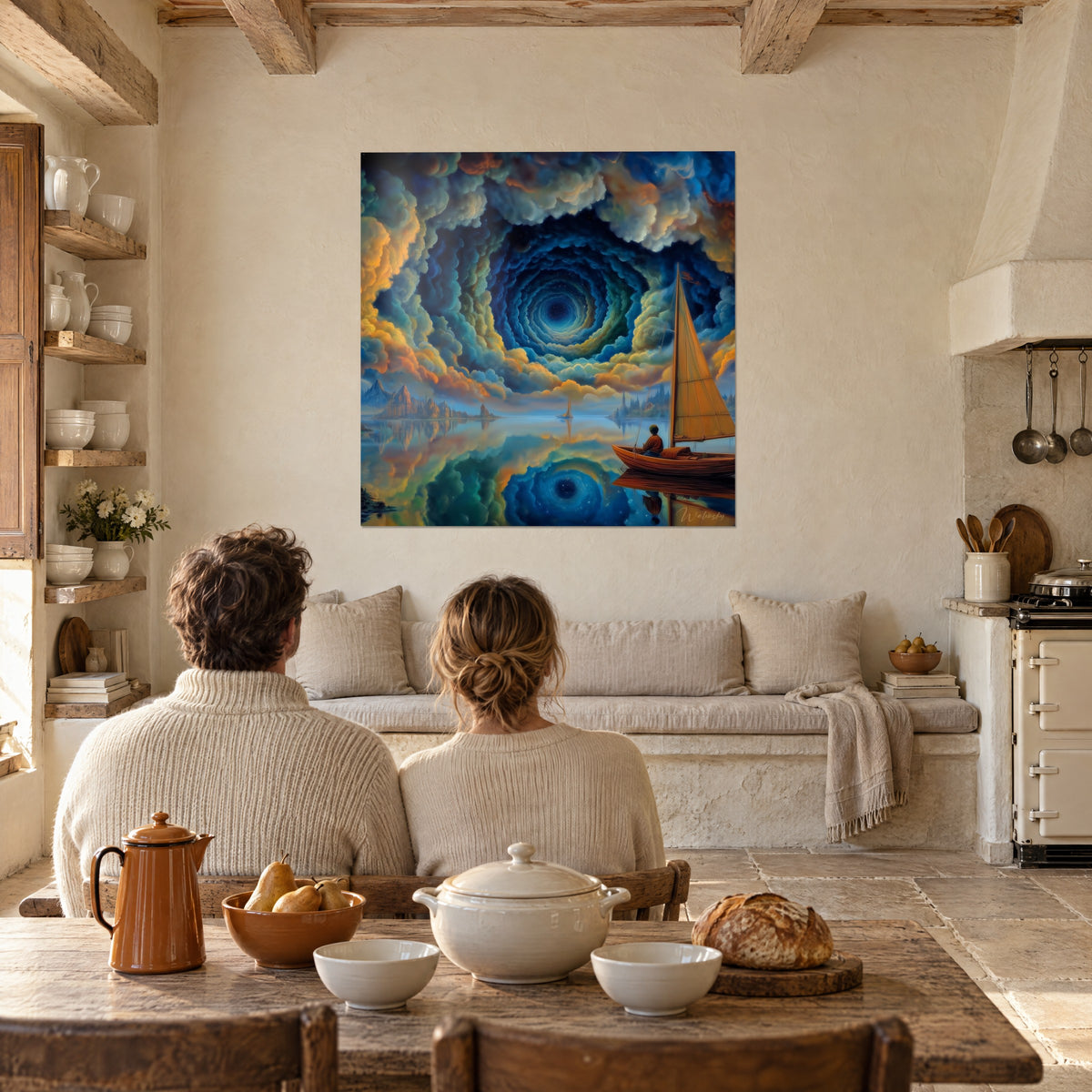 Cuadro abismo de nubes azul cobalto y amarillo azafrán, pescador en barca y reflejo invertido, frente a una mesa de madera