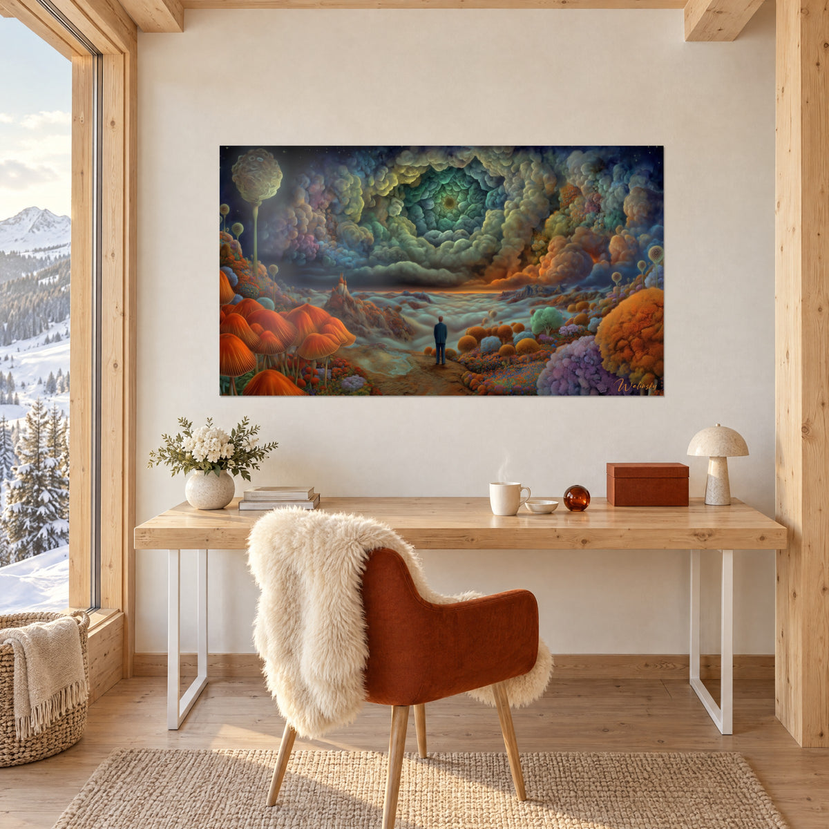 Tableau tourbillon de nuages vert émeraude sur ciel étoilé, accroché au mur blanc d'un bureau en bois clair avec fauteuil roux